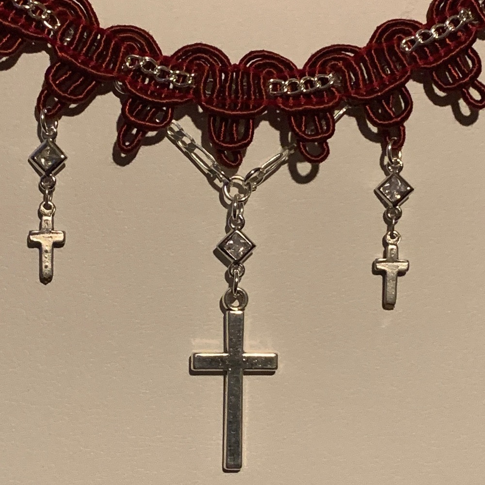 O.O.A.K. Red Ribbon Silver Rhinestone Cross Choker - Picture 11 of 13